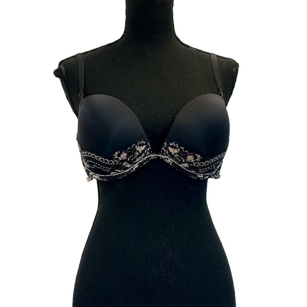 LA Senza Beyond Sexy black tan lace crystal rhinestone trim bra Sz 36D